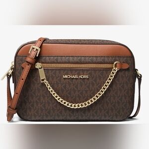 NWT Michael Kors Signature Brown Crossbody Bag & Gold Chain